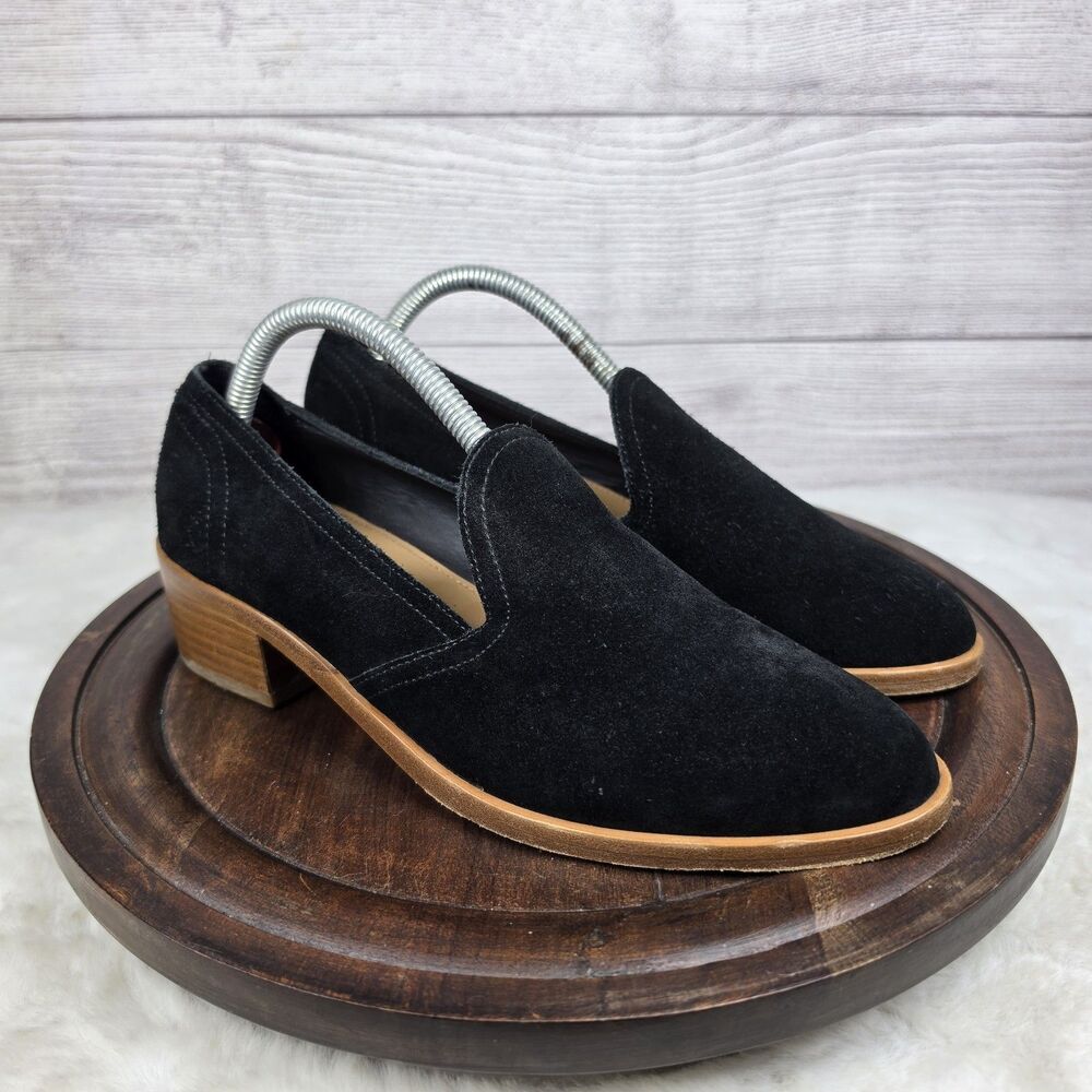 Soludos Black Sophia Suede Leather Block Heel Loafers Women’s Size 7.5